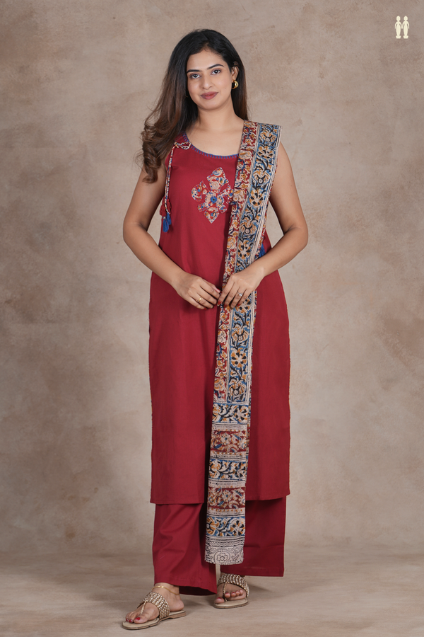 Round Neck Patch Work Rust Red Cotton Salwar Set