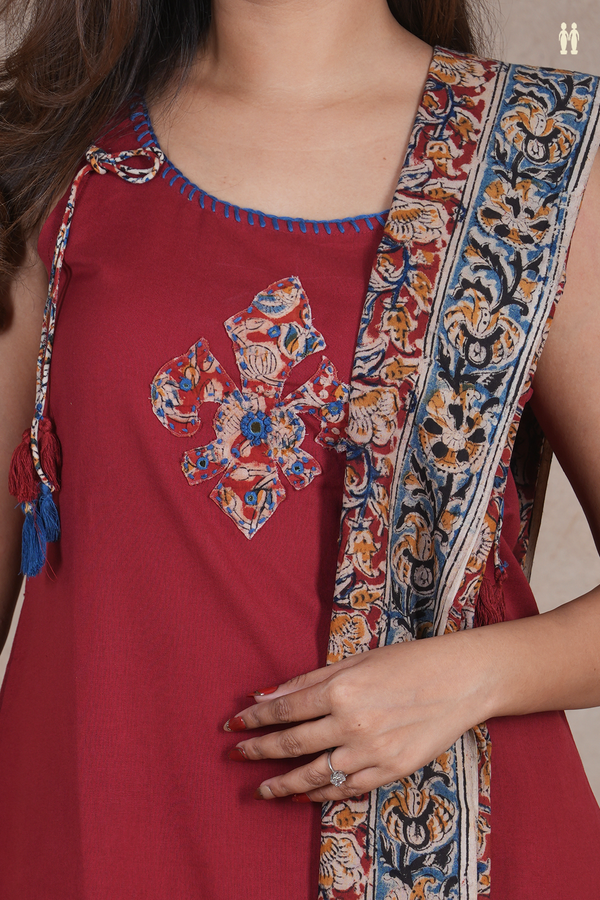 Round Neck Patch Work Rust Red Cotton Salwar Set