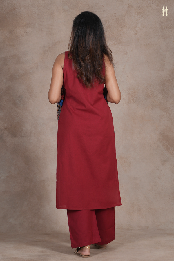 Round Neck Patch Work Rust Red Cotton Salwar Set