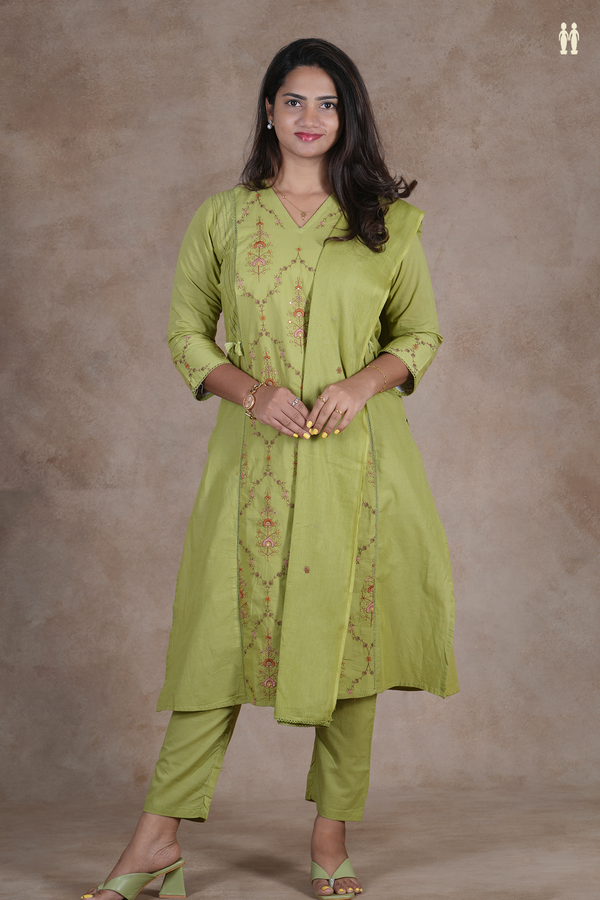 V-Neck Embroidered Design Sage Green Cotton Salwar Set
