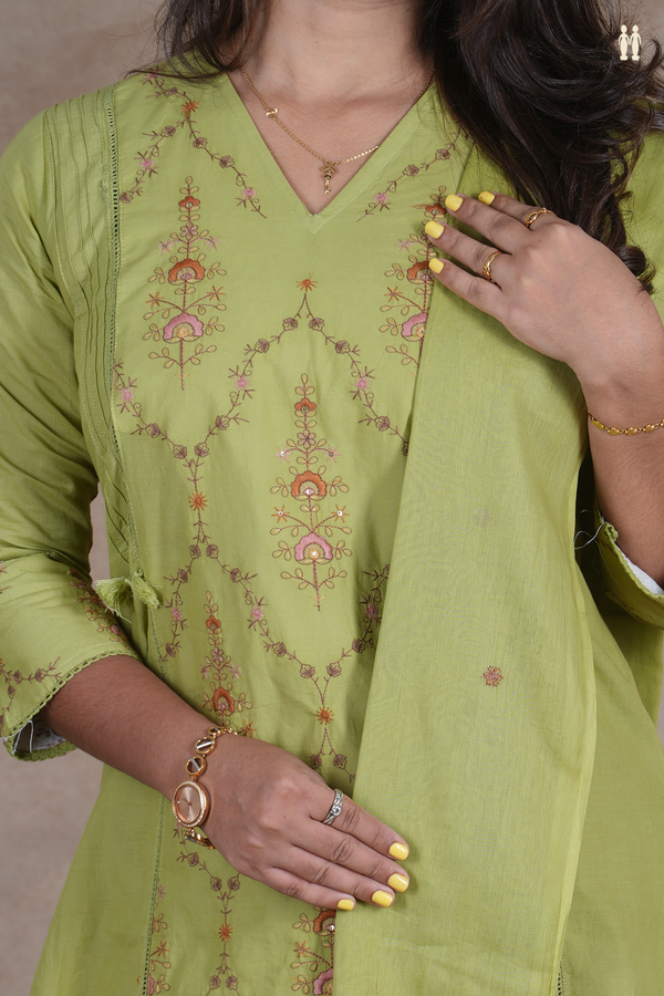 V-Neck Embroidered Design Sage Green Cotton Salwar Set