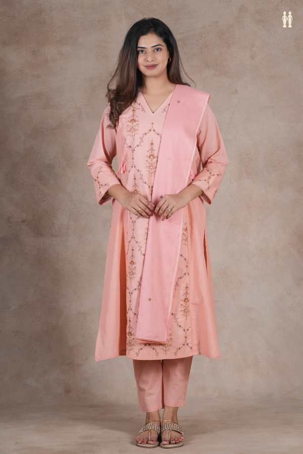 V-Neck Embroidered Design Peach Cotton Salwar Set