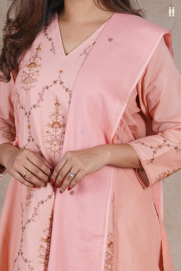 V-Neck Embroidered Design Peach Cotton Salwar Set