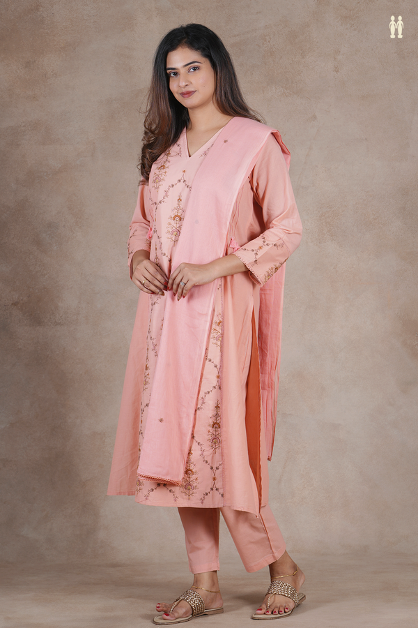 V-Neck Embroidered Design Peach Cotton Salwar Set