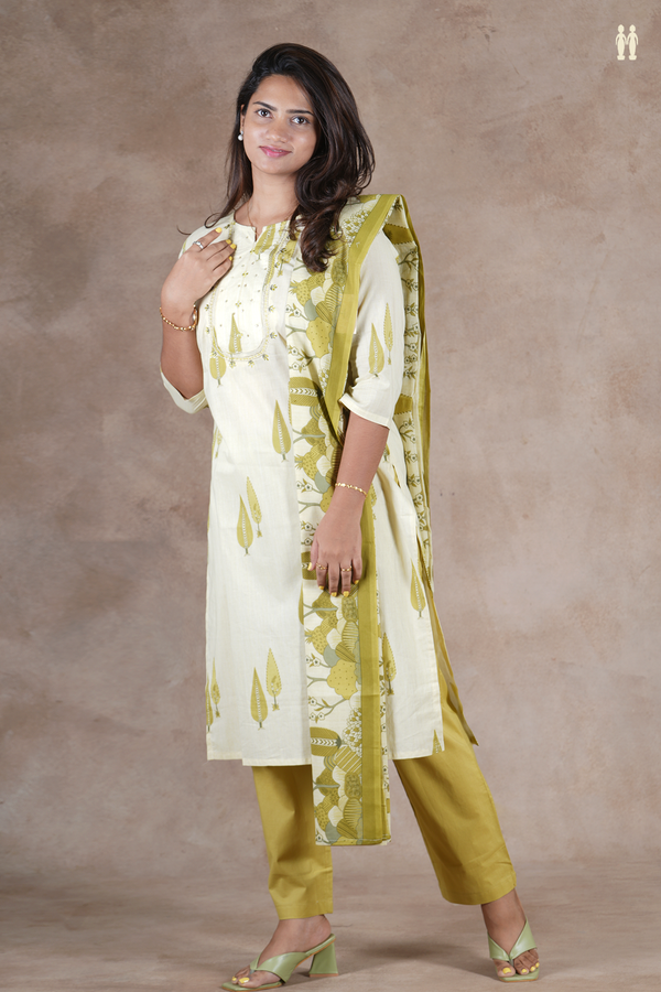 Split Neck Leaf Motifs Cream Color Cotton Salwar Set