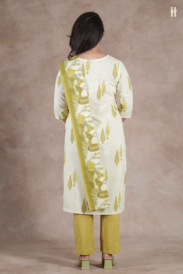 Split Neck Leaf Motifs Cream Color Cotton Salwar Set