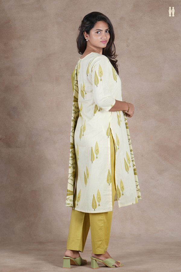Split Neck Leaf Motifs Cream Color Cotton Salwar Set