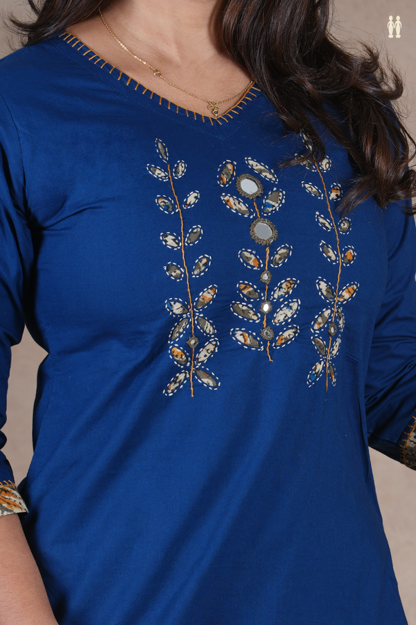 V- Neck Patch Work Royal Blue Cotton Salwar Set