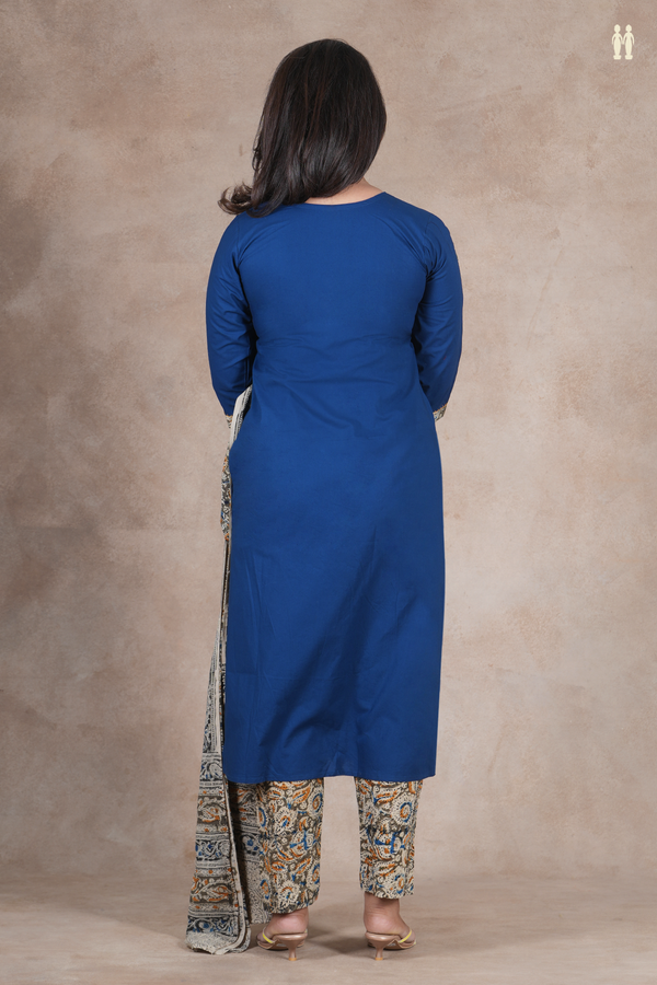 V- Neck Patch Work Royal Blue Cotton Salwar Set