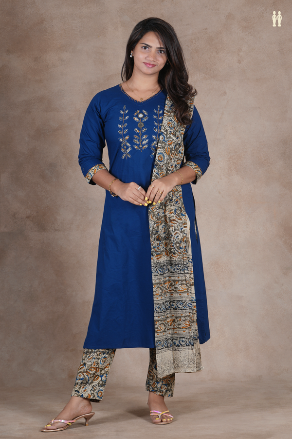 V- Neck Patch Work Royal Blue Cotton Salwar Set
