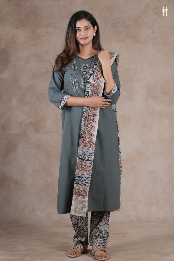 V-Neck Threadwork Design Greyish Green Cotton Salwar Set