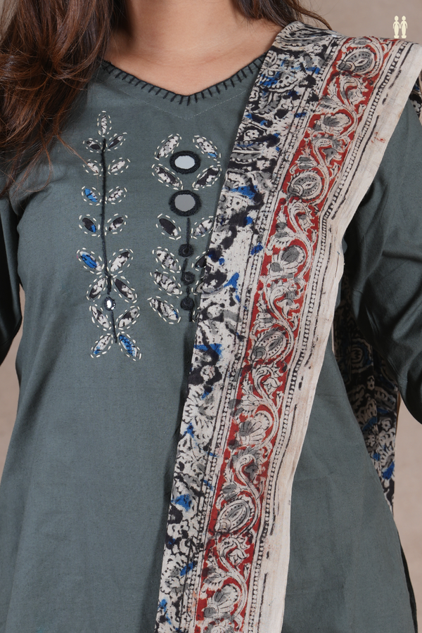 V-Neck Threadwork Design Greyish Green Cotton Salwar Set