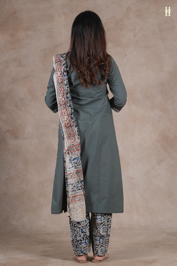 V-Neck Threadwork Design Greyish Green Cotton Salwar Set