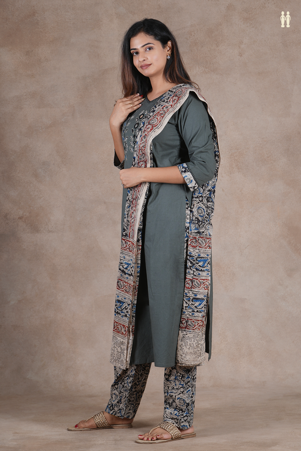 V-Neck Threadwork Design Greyish Green Cotton Salwar Set