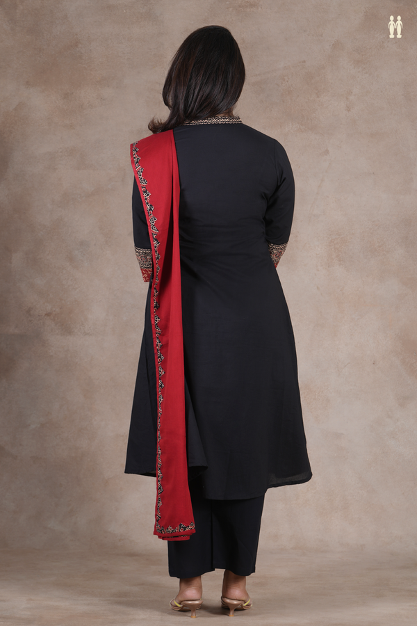 V-Neck Plain Black Cotton Salwar Set