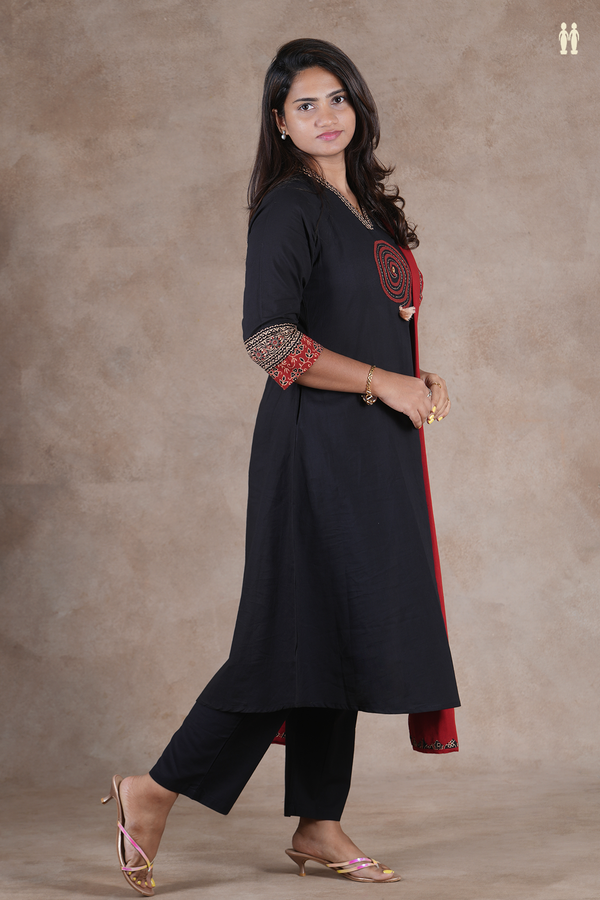 V-Neck Plain Black Cotton Salwar Set