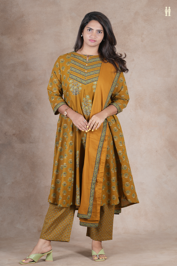 Boat Neck Floral Design Golden Brown Cotton Salwar Set