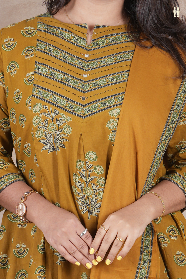 Boat Neck Floral Design Golden Brown Cotton Salwar Set