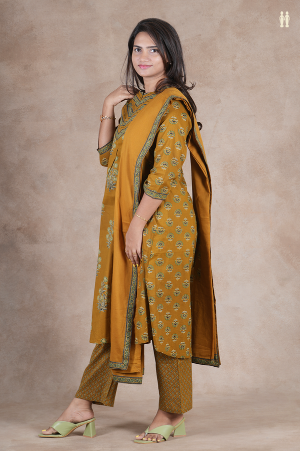 Boat Neck Floral Design Golden Brown Cotton Salwar Set