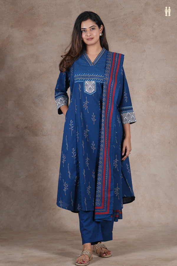 V-Neck Printed Design Prussian Blue Cotton Salwar Set