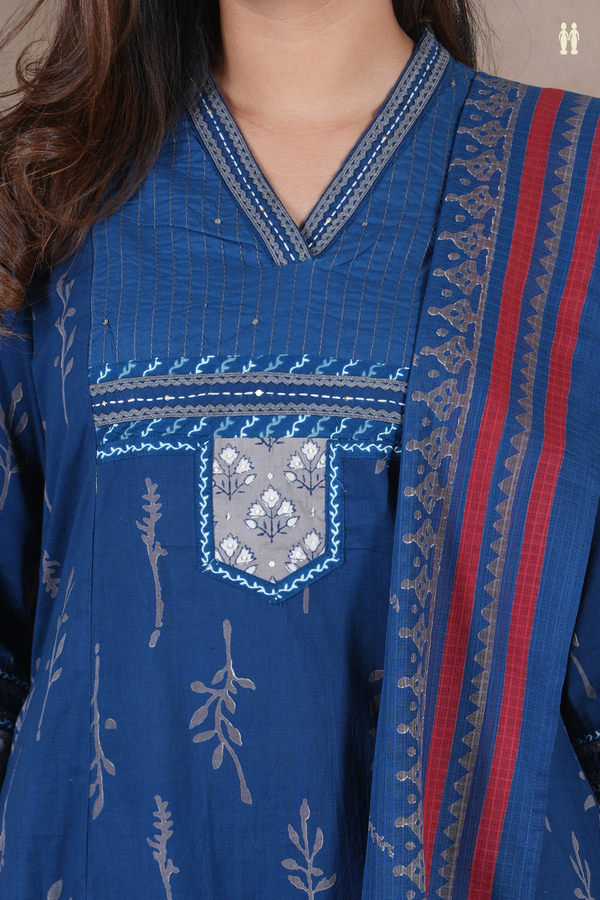 V-Neck Printed Design Prussian Blue Cotton Salwar Set