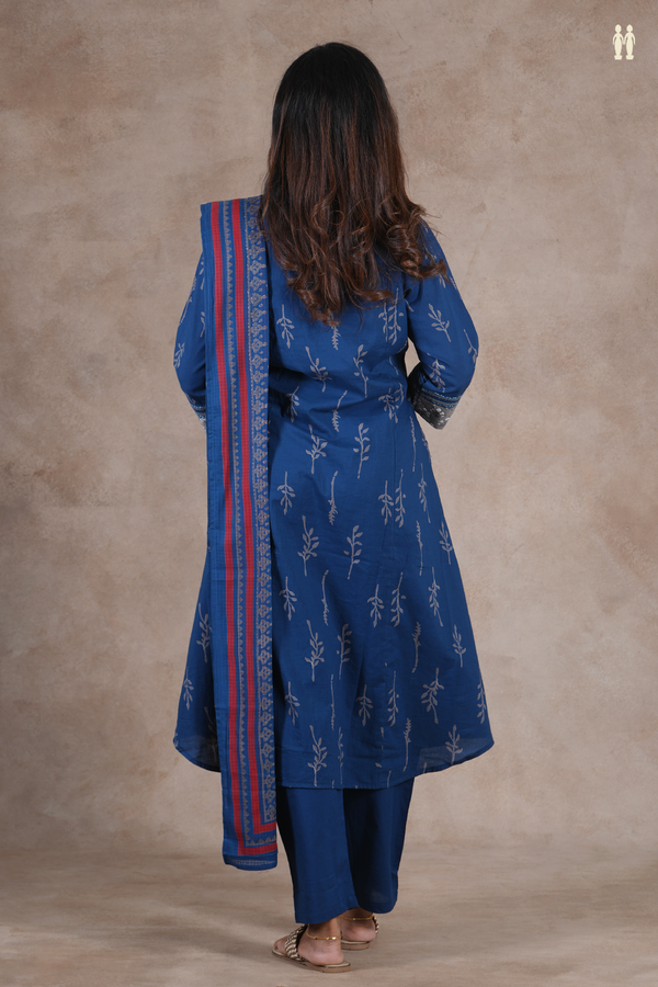 V-Neck Printed Design Prussian Blue Cotton Salwar Set