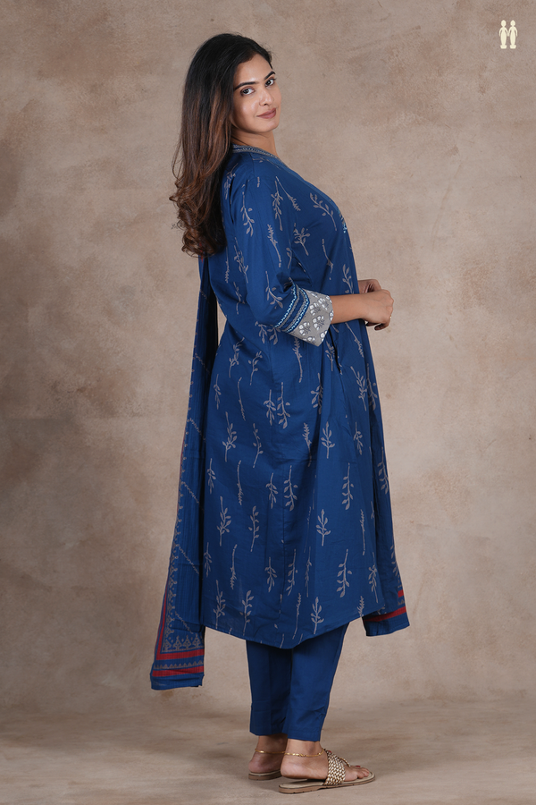 V-Neck Printed Design Prussian Blue Cotton Salwar Set