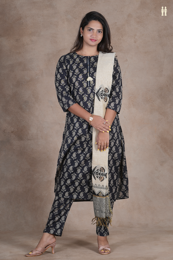 Boat Neck Paisley Design Black Cotton Salwar Set
