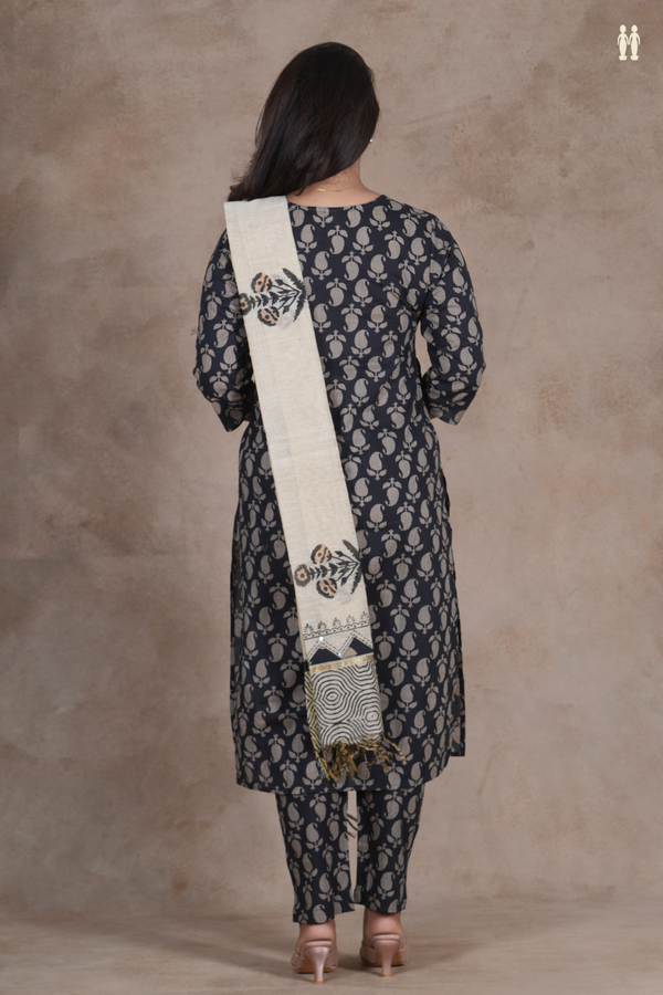 Boat Neck Paisley Design Black Cotton Salwar Set