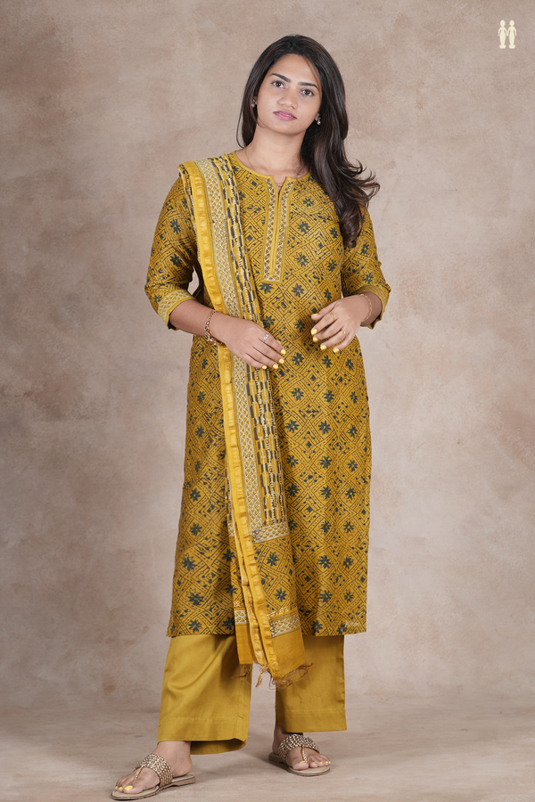 Split Neck Printed Design Golden Brown Cotton Salwar Set