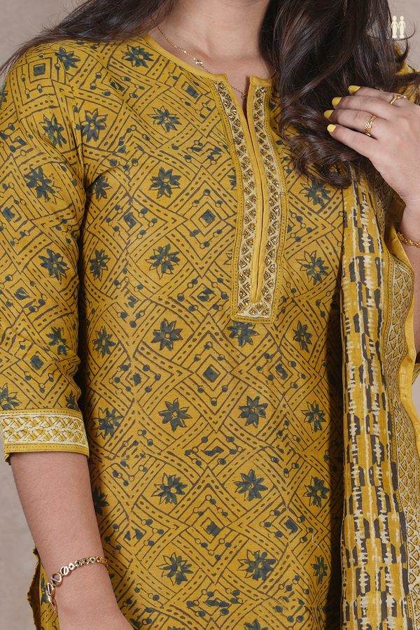 Split Neck Printed Design Golden Brown Cotton Salwar Set