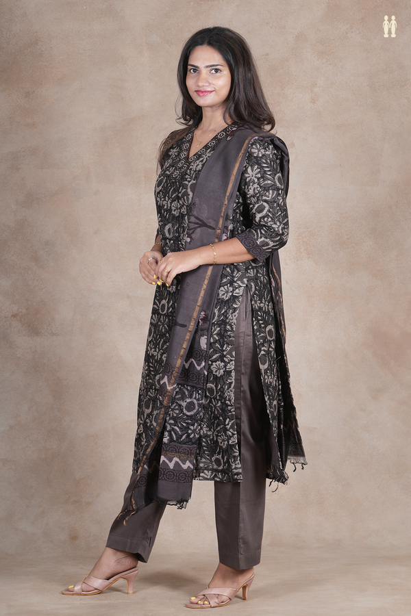 V- Neck Floral Design Black Cotton Salwar Set