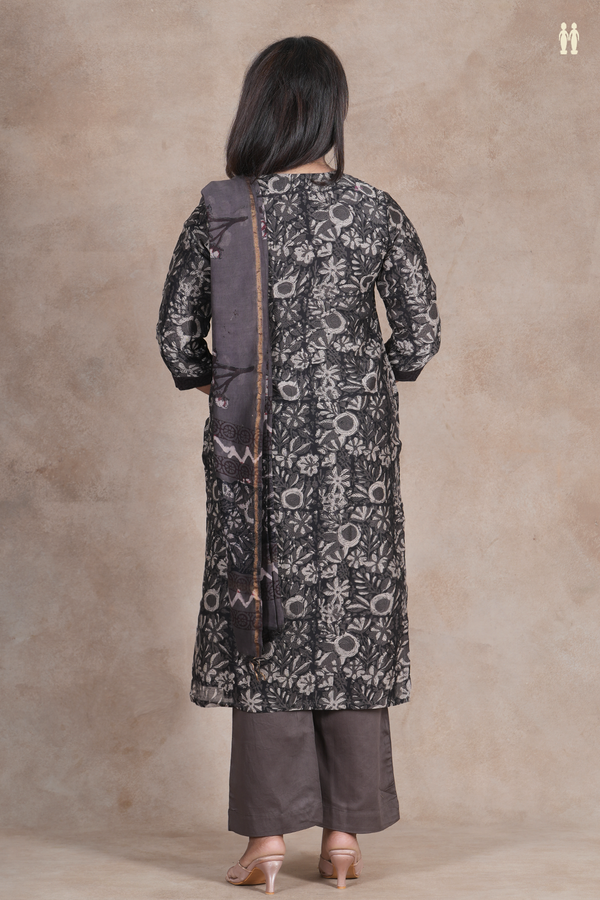 V- Neck Floral Design Black Cotton Salwar Set