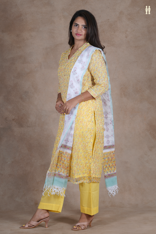 V-Neck Floral Design Light Yellow Kota Silk Salwar Set