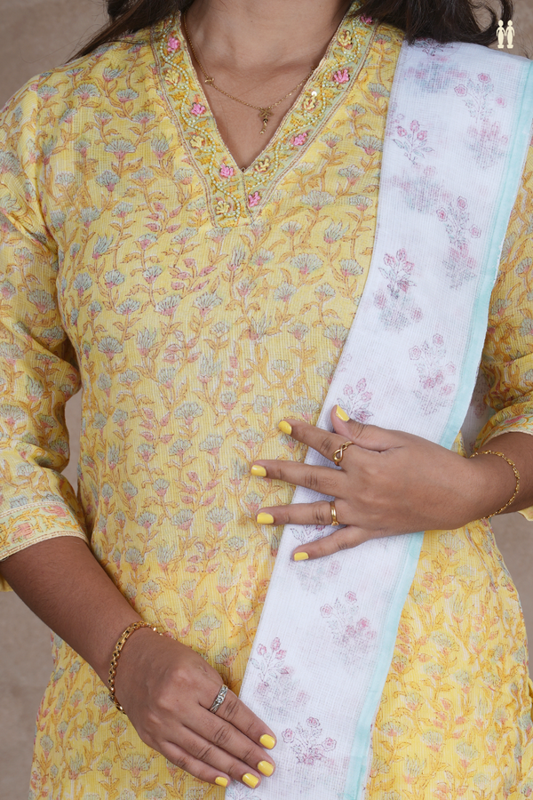 V-Neck Floral Design Light Yellow Kota Silk Salwar Set