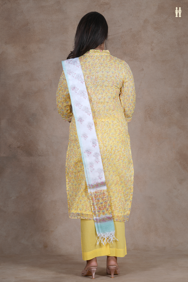 V-Neck Floral Design Light Yellow Kota Silk Salwar Set