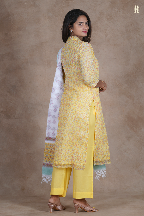 V-Neck Floral Design Light Yellow Kota Silk Salwar Set