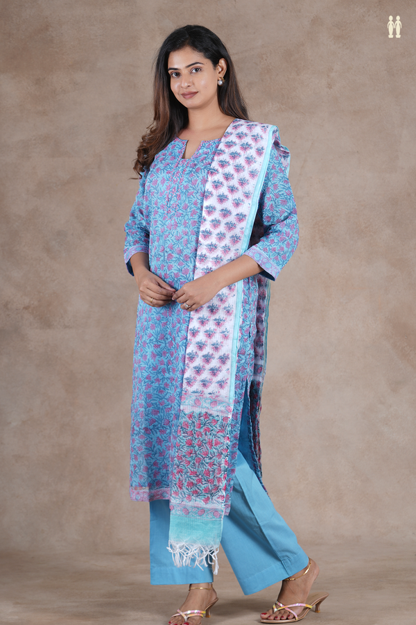 Split Neck Floral Design Blue Kota Silk Salwar Set