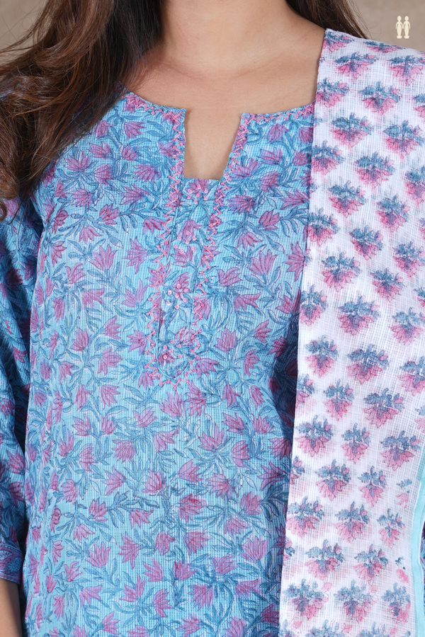 Split Neck Floral Design Blue Kota Silk Salwar Set