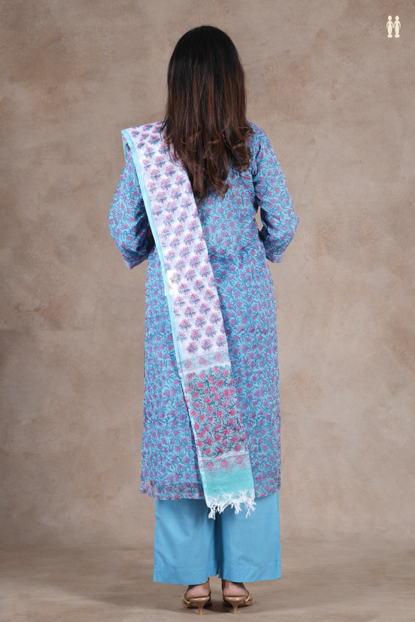 Split Neck Floral Design Blue Kota Silk Salwar Set