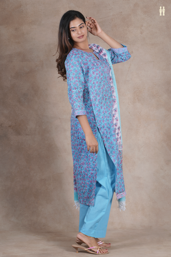 Split Neck Floral Design Blue Kota Silk Salwar Set