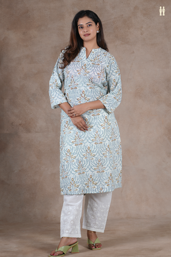 Mandarin Neck Floral Design Off White Cotton Salwar Set