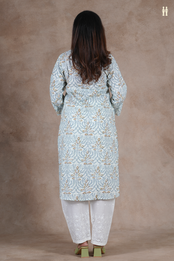 Mandarin Neck Floral Design Off White Cotton Salwar Set