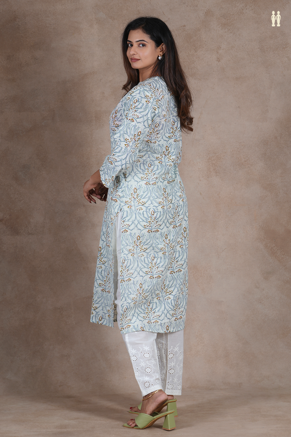 Mandarin Neck Floral Design Off White Cotton Salwar Set