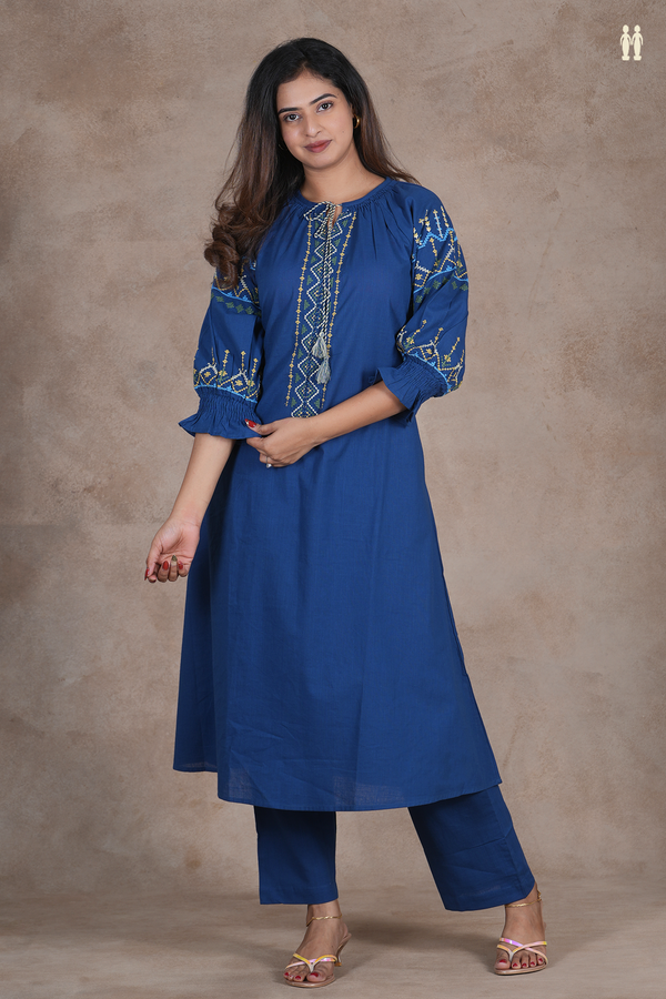 Round Neck Threadwork Design Prussian Blue Cotton Salwar Set