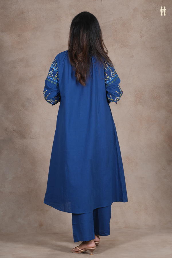 Round Neck Threadwork Design Prussian Blue Cotton Salwar Set