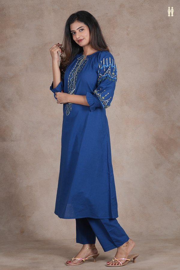 Round Neck Threadwork Design Prussian Blue Cotton Salwar Set