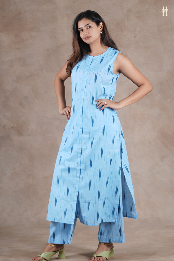 Round Neck Ikat Design Light Blue Cotton Salwar Set