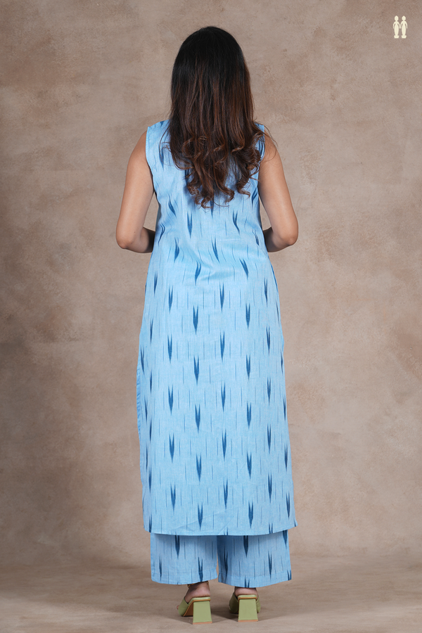 Round Neck Ikat Design Light Blue Cotton Salwar Set