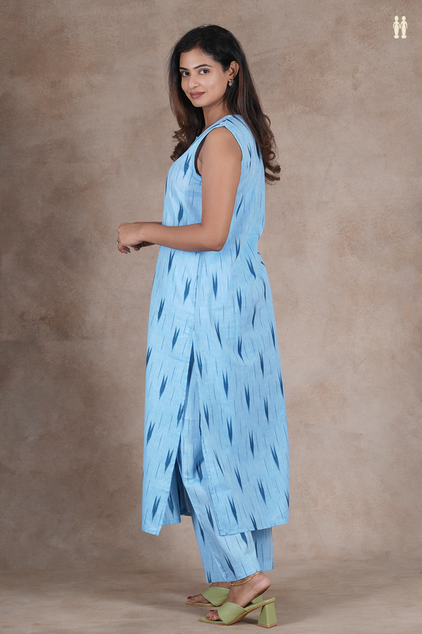Round Neck Ikat Design Light Blue Cotton Salwar Set